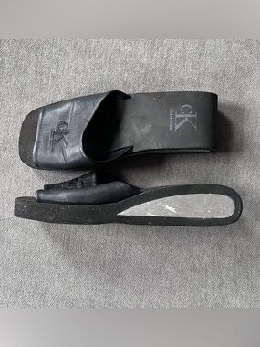 Vintage Calvin Klein Leather Logo Slide‎ Sandals Chrome Platform 6 Black